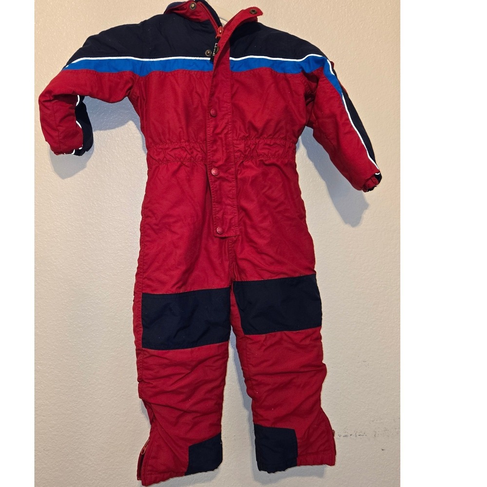 LL Bean Toddler 4T Snow Suit Insulated One Piece Red Navy Blue Winter Bunting